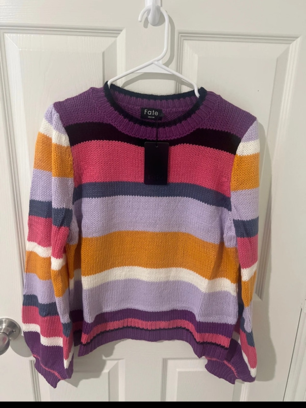Fate Striped Crewneck Sweater in Purple, Pink, Mustard & Navy